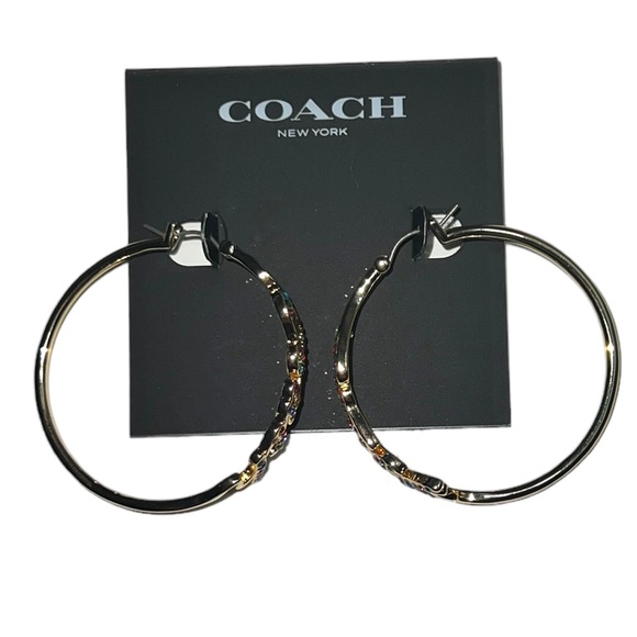 COACH Gold Tone Hypoallergenic Rainbow Crystal Logo Script Hoop Earrings - Picture 9 of 10